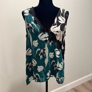 BCBGMaxAzria Teal and Black Floral Lace-Trim V-Neck Sleeveless Shell